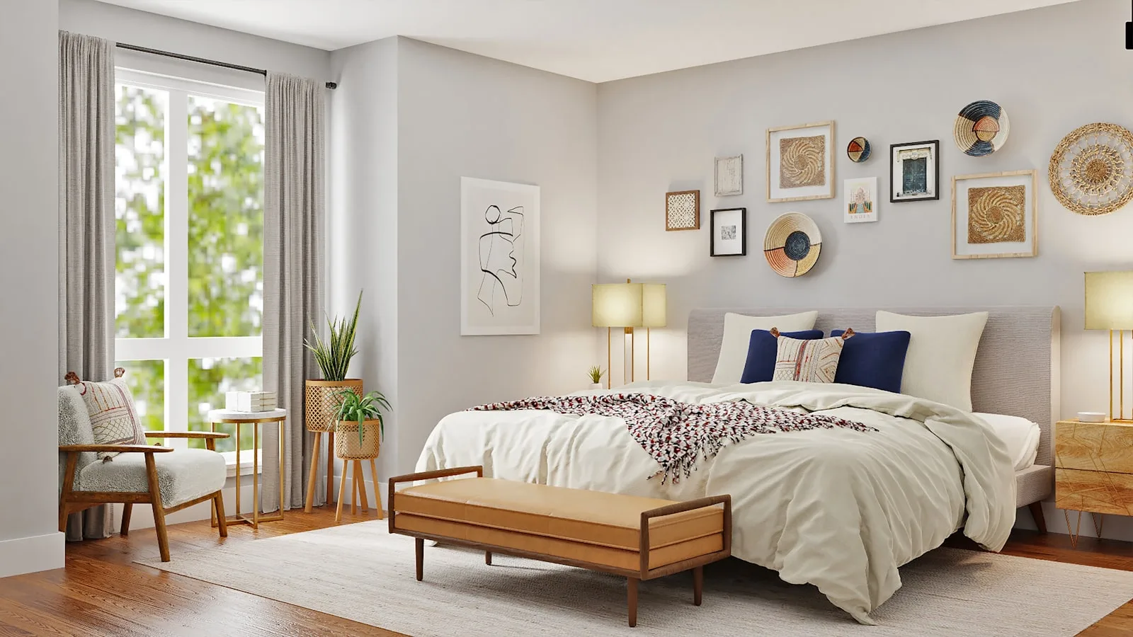 Bedroom with a wooden bed, upholstered bench, warm bedside lighting and a large window