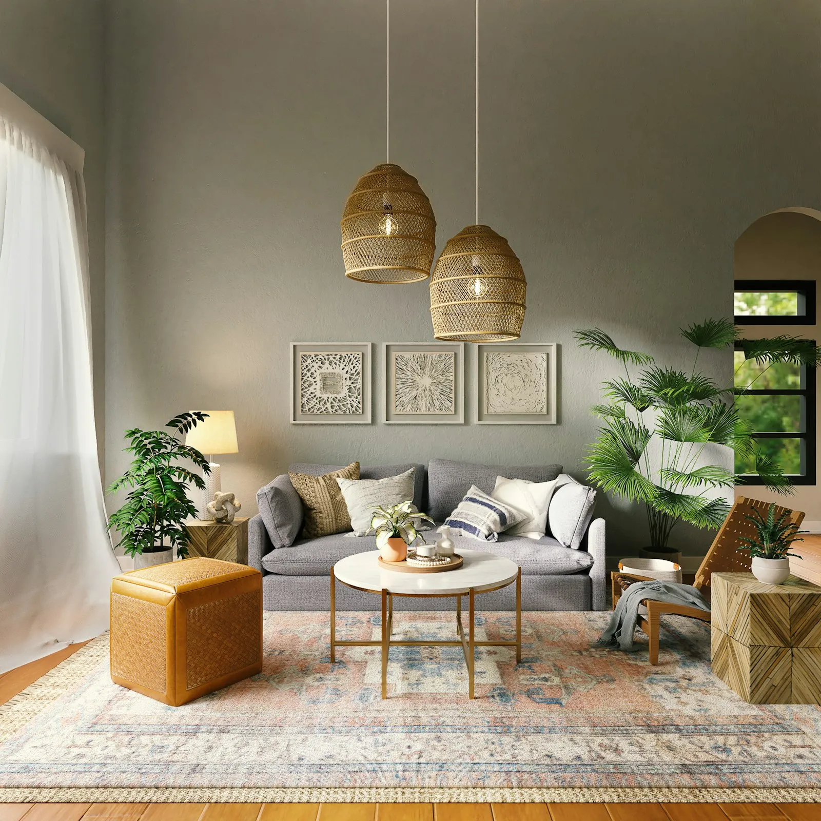 Living room with rattan pendant lights and soft daylight from a tall window