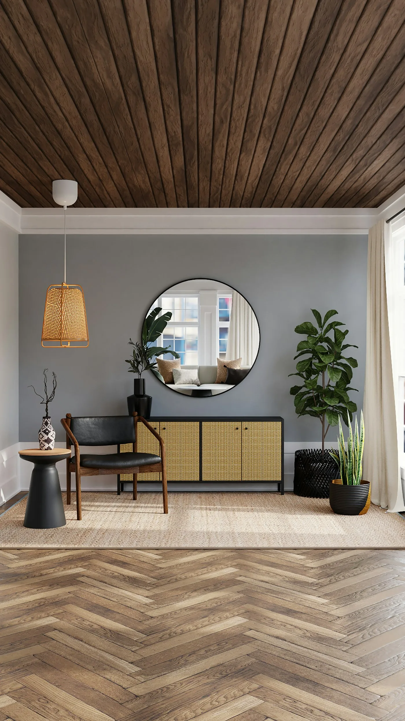 Timber-clad ceiling above a cane-front sideboard on a herringbone wooden floor