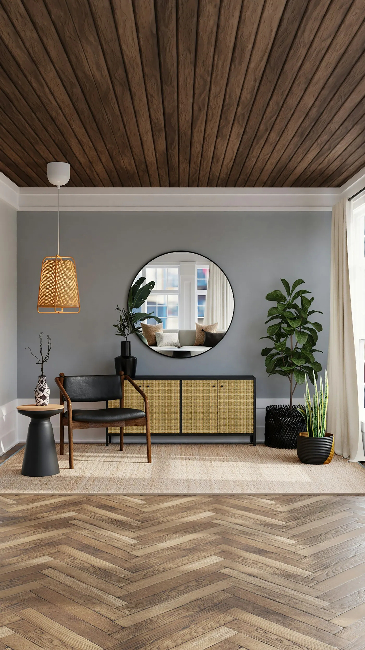 Timber-clad ceiling above a cane-front sideboard on a herringbone wooden floor