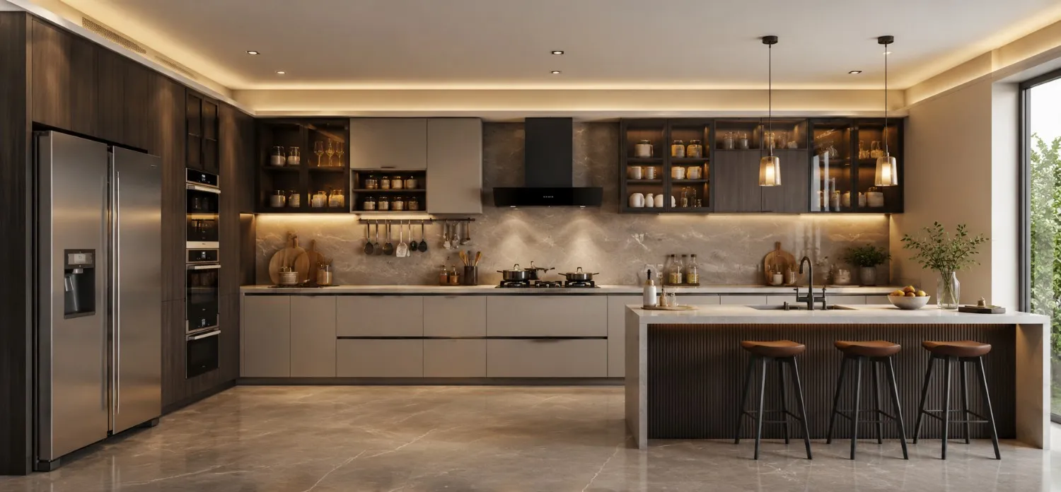 Modern modular kitchen with warm wood cabinets and clean countertops