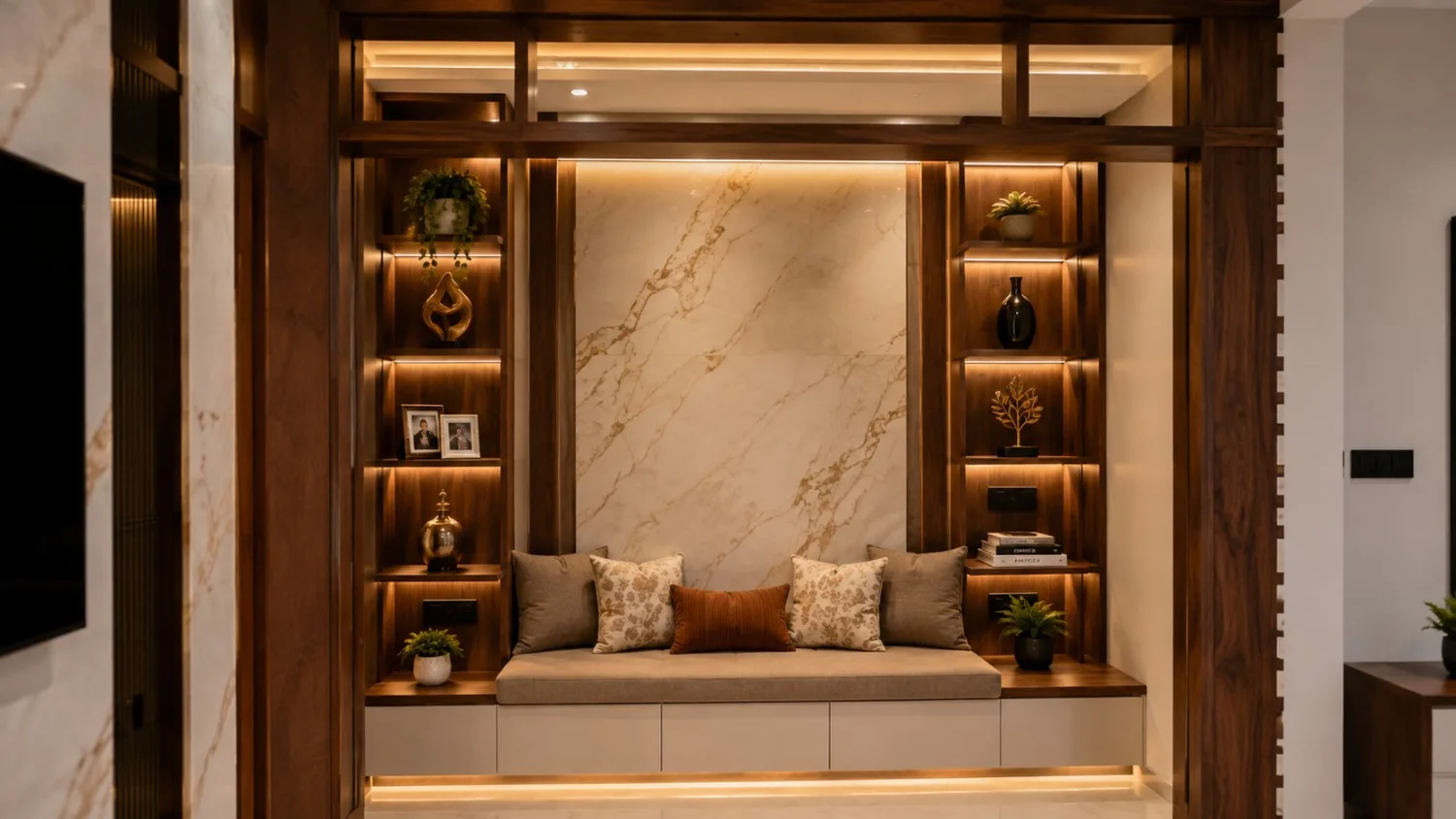 Completed living room with a leather sofa, framed art wall and pendant lighting