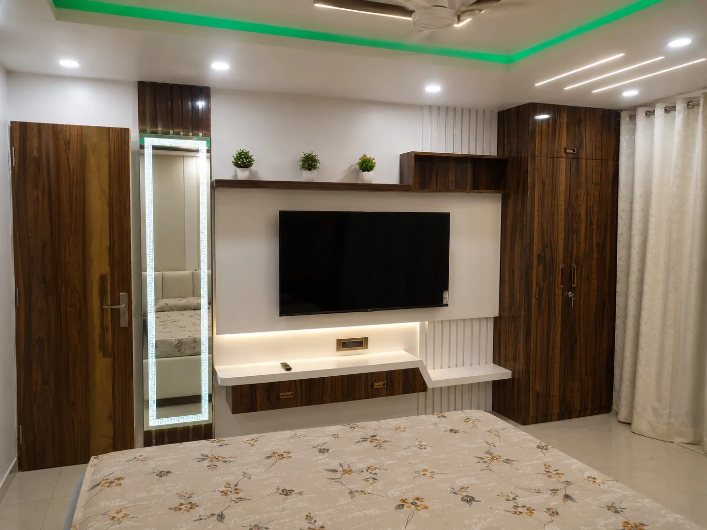 Wall-mounted oak and white storage unit with floating shelves