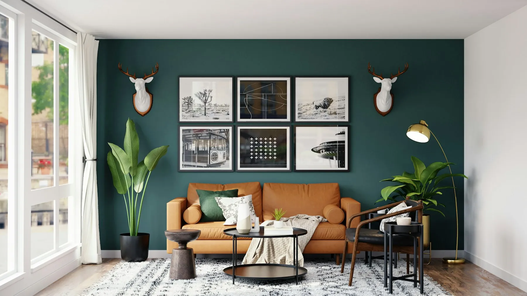 3D design view of a living room with a leather sofa, framed art wall and pendant lighting